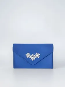 Blaues Abend-Clutch-Tasche aus Satin mit Strass-Blumen, elegantes Accessoire für Partys detail.