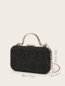 Modische schwarze Strass Abendtasche mit elegantem Metallgriff und Kette für Partys.