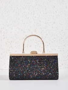 Glitzernde schwarze Abendclutch mit elegantem goldenem Metallgriff und sicherem Verschluss.