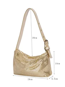 Goldene metallische Netz-Umhängetasche mit verstellbarem Riemen, modische Abendtasche.