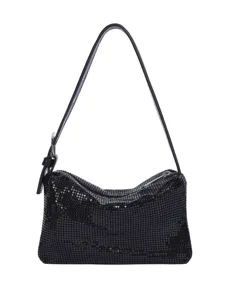 Schwarze metallische Mesh-Umhängetasche für Damen, stilvolle Abendtasche mit Riemen.