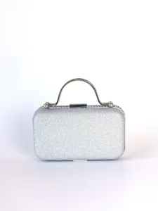 Silberne Glitzer-Abendtasche mit Metallgriff, ideal für Partys und formelle Anlässe.