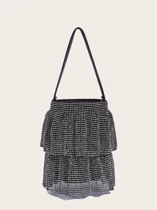 Elegante schwarze Strass gestufte Beuteltasche für Damen, glänzende Party Abendtasche schick
