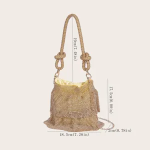 Stijlvolle gouden strass emmertas avondfeest handtas met geknoopt handvat en ketting.