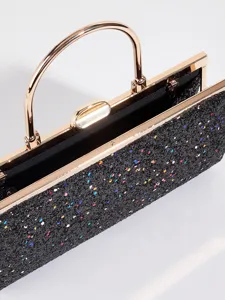 Glitzernde Abendtasche mit goldfarbenem Metallrahmen und Griff, funkelnde Pailletten Party Handtasche.