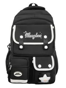 Freizeitschwarzer Schulrucksack mit weißem Besatz, vielen Taschen, süßes Design für Schüler.