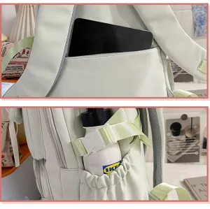 Detaillierte Ansicht des hellgrünen Schulrucksacks mit Laptopfach und seitlicher Tasche.