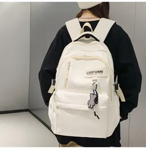Sac à dos étudiant minimaliste grande capacité style collégien blanc vue détail.