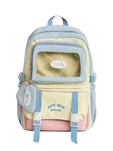 Süßer pastellfarbener Kinder-Schulrucksack mit transparenter Fronttasche und kleiner Münztasche.