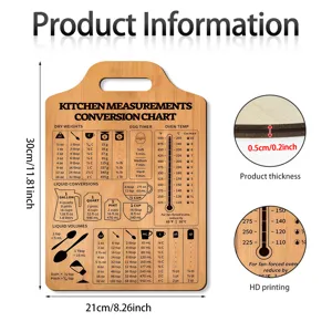 Wooden kitchen measurement conversion chart cutting board with clear cooking guides.
