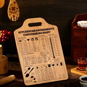 Nordic wooden cutting board detail, kitchen measurement conversion chart, rustic decor.