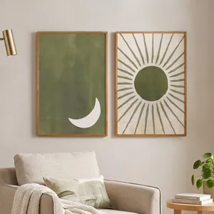 Boho γεωμετρική αφηρημένη καμβάς τέχνη τοίχου σετ με ξύλινες κορνίζες για μοντέρνα διακόσμηση.