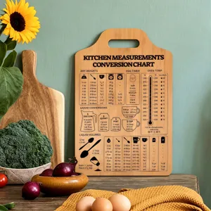 Wooden kitchen conversion chart cutting board with engraved measurement details for cooking.