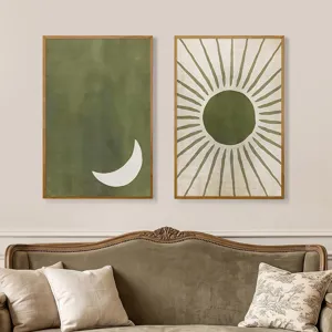 Σετ αφηρημένης τέχνης τοίχου από καμβά σε boho στιλ με σχέδιο πράσινου ήλιου και φεγγαριού.