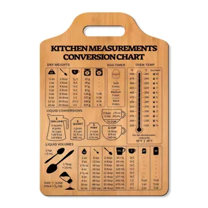 Wooden kitchen measurements conversion chart cutting board with hanging hole for home cooking.