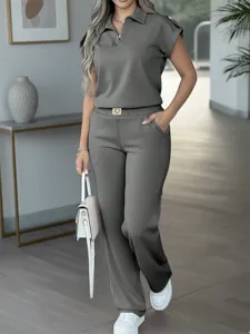 Spring and autumn women's casual suit, solid short sleeve polo top and straight leg trousers.