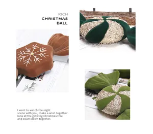 Close up of velvet Christmas candy ornament with glitter details for festive holiday tree decor.