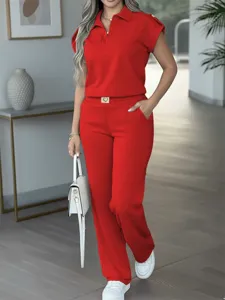 Women red casual two piece set short sleeve polo top and straight pants outfit style