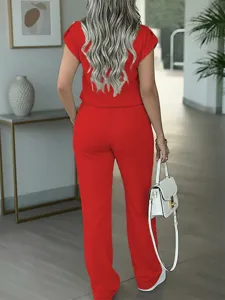 Stylish women's red short sleeve casual top and straight pants matching set for daily wear.