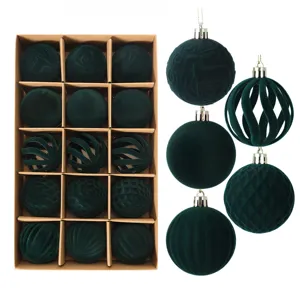 Set de 15 Bolas de Navidad de Terciopelo Verde Oscuro 6cm Adornos Colgantes para Árbol