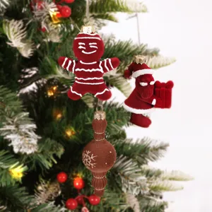 Set de suspensions de Noël floquées, décorations de sapin en velours rouge et marron.