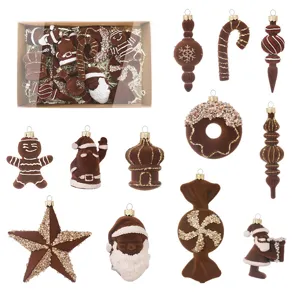 Lot de 12 boules de Noel floquees marron, decoration suspendue bonhomme de pain d'epices.