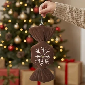 Brown flocked candy Christmas tree ornament with snowflake design for holiday home decor