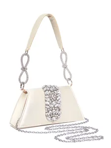 Elegante Satin Abendtasche mit Strass verziert Damen Party Umhängetasche mit Kette