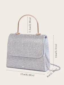 Silberne Strass Abendtasche mit Metallgriff und Kette, ideal für Partys und Hochzeiten.