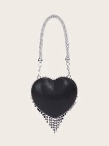 Schwarze Herz-Abendtasche Detail mit Strassgriff und funkelnden Fransen für Party-Kleid.