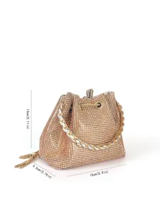 Glitzernde Strass-Eimer Tasche mit Metallring-Griff und schickem Quasten-Anhänger für Partys.