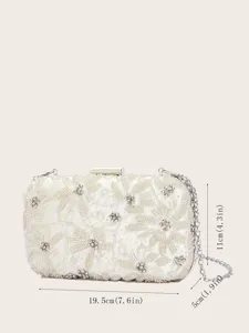 Elegante weiße Perlen Abendtasche Clutch mit Metallkettriemen für Damen Hochzeitskleid.