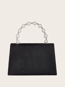 Elegante schwarze Satin Abendtasche mit Perlen und Strass Griff für Party und Anlass.