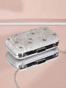 Silberne bestickte Abendtasche, elegante perlenbesetzte Damen Party Schulter Handtasche.