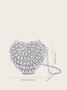 Elegante silberne Strass Herz Form Mini Umhängetasche mit Metallkette für Damen