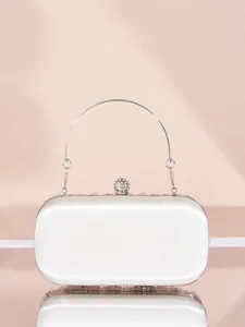 Weißer Satin Abendtasche Clutch mit Metallgriff und Strassverschluss für Damen Hochzeit Party