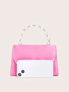 Rosa Abendhandtasche aus Satin mit elegantem Perlen- und Strass-Griff für Partys und Events.