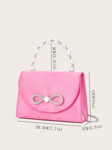 Rosa Satin Perlen Griff Handtasche Detailansicht mit Strass-Schleife und genauen Maßen.