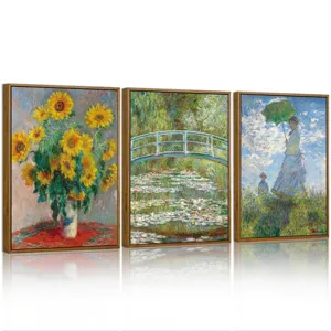 3 teiliges leinwand wandbild set vintage ölgemälde gerahmt landschaft blumen deko art