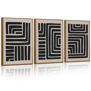 Quadri Astratti Moderni Geometrici in Tela Trio con Cornice Arte a Linee Bianche e Nere per Soggiorno Camera da Letto Ufficio Murale Casa