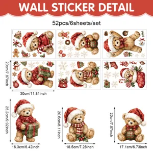 Weihnachtliche Wandsticker Set mit süßem Bär und Geschenken, 52 Stk 6 Blätter Fensterdeko