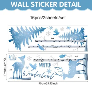 Detailed view of blue Christmas wall sticker showing elk, trees, and winter snowflake designs.