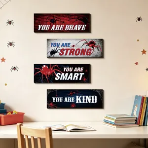 Wooden wall hanging signs set with spider and inspirational quotes, perfect for boys bedroom decor.
