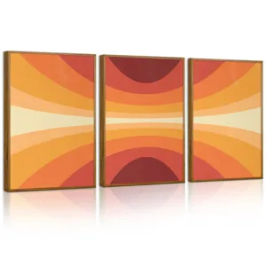 Detailed view of 3 panel retro orange abstract art canvas painting with modern wood frame.