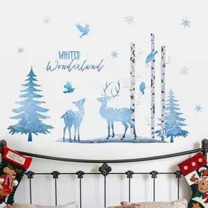 Blue Christmas wall sticker PVC self-adhesive deer and trees winter wonderland decor