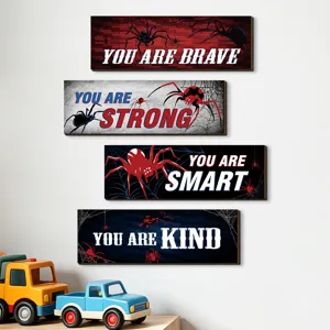 Detailed view of wooden wall hanging signs featuring cute cartoon spider designs and inspiring text.