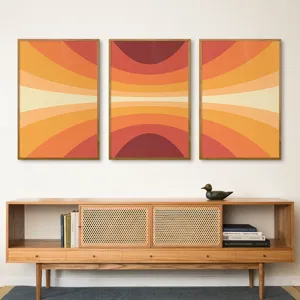 Modern Minimalist Abstract Canvas Wall Art Framed Orange Geometric Wave Line Triptych Decorative Paintings For Living Room Home Decor