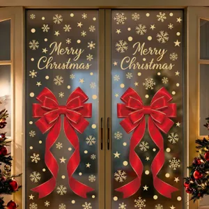 Adhesivo estático para ventana de Navidad con lazo rojo y copos de nieve dorados.