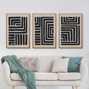 Arte da parete astratta geometrica in bianco e nero su tela con cornice in legno per casa.