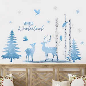 Blue Christmas wall sticker PVC self-adhesive elk and tree holiday home decor decal